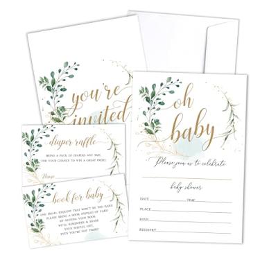 Imagem de Convite para chá de bebê Oh Baby com envelopes, bilhetes de sorteio de fraldas, cartões de solicitação de livros, conjunto de lembrancinhas de decoração de chá de bebê Gold Greenery, convites de festa