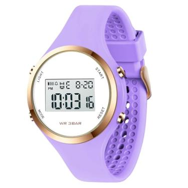 Imagem de Relógio feminino com visor de LED Elecreonic moderno cronógrafo despertador digital feminino esporte ao ar livre Wirstwatch, Roxa, Esportes