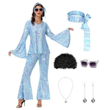 Imagem de Fantasia feminina de discoteca dos anos 70 - Roupa de discoteca dos anos 70 com peruca, brincos, óculos, colar, faixa de cabeça, top de lantejoulas e calcinha de sino, Azul claro, M