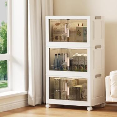 Imagem de Caixas de armazenamento empilháveis elegantes de 3 camadas para organização doméstica, caixas de armazenamento de plástico móveis com tampas, fácil de montar para organizadores de armário e dormitório