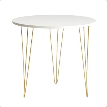 Imagem de Mesa Classica Tripé Em MDF Na Cor Branca Redonda com 70cm Diâmetro E Pés Modelo Retrô Dourado 75cm Altura Top Para Ambientes Como Cozinha Bar Padaria Bistro Restaurante