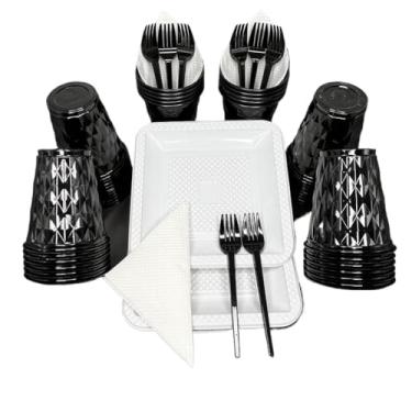 Imagem de Kit 180 Itens Festa Aniversário Completo Preto E Branco Descartável Prato Copo Garfo Guardanapo Cor Time P/ 40 Pessoas (Preto e Branco)