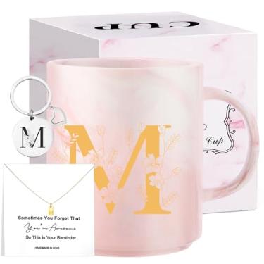 Imagem de Presentes de Natal com monograma para mulheres, caneca de chá de cerâmica inicial de 325 ml com colar, presente de aniversário exclusivo para sua esposa, professora, amiga, mãe, M