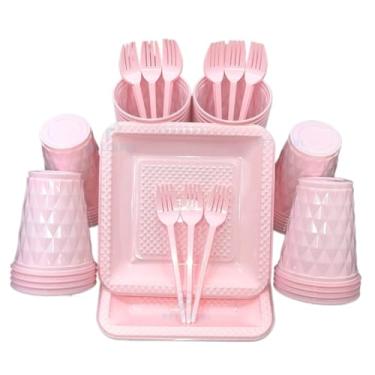 Imagem de Kit 260 Itens Descartaveis Festa Aniversário Prato Quadrado Diamante Plástico Colorido Perolado Candy Pastel (Rosa Candy)