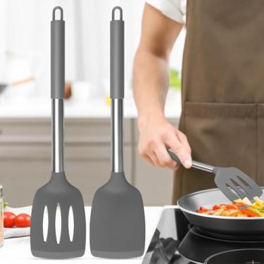 Imagem de Conjunto de espátula de silicone – Espátula sólida e ranhurada resistente ao calor para cozinhar e assar, kit de utensílios essenciais de cozinha de 2 peças - cinza