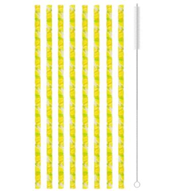 Imagem de 12 PÇS Canudos Reutilizáveis com Padrão de Limão Amarelo, 22 cm Estampa de Frutas Canudos Pláticos Rígidos com Escova de Limpeza para Pote de Pedreiro Família ou Aniversário Decoração de Suco de Chá