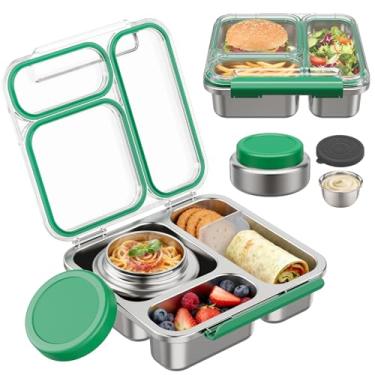 Imagem de Pawtong Caixa Bento de aço inoxidável com jarra de comida isolada de 200 ml, lancheira de metal transparente com pote térmico de sopa, recipiente de lancheira com divisor removível e copo de molho