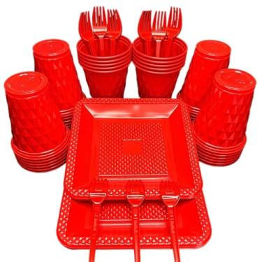 Imagem de Kit 260 Itens Descartaveis Festa Aniversário Prato Quadrado Diamante Plástico Colorido Perolado Candy Pastel (Vermelho)