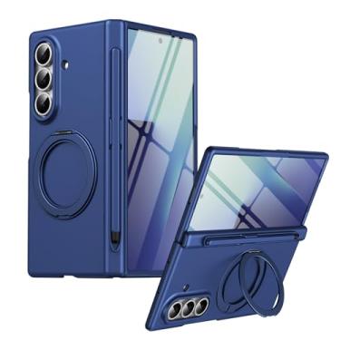 Imagem de FWYANZH Capa para Samsung Galaxy Z Fold 7, capa com suporte de anel magnético, protetor de tela embutido, compartimento para caneta, dobradiça para câmera, capa de telefone à prova de choque, azul
