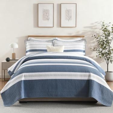 Imagem de PERHOM Colchas Queen Size cinza listrado azul, 100% algodão, colcha Queen com 2 fronhas, conjunto de colcha/cobertor/roupa de cama leve e macio para todas as estações, 3 peças