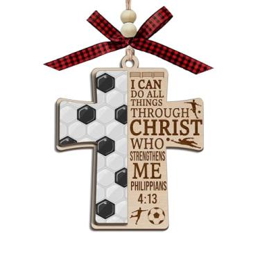 Imagem de Enfeite de madeira com cruz de futebol, Philippians 4:13 Christian 2 camadas, enfeite de carro suspenso de Cristo que me fortalece, versículo bíblico inspirador presente para jogadores de futebol