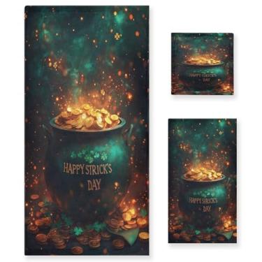 Imagem de Blueangle Conjunto de toalhas decorativas de banheiro com padrão de pote dourado do dia de São Patrício, conjunto de 3 peças com toalha de banho, toalha de mão e toalha de banho (154)