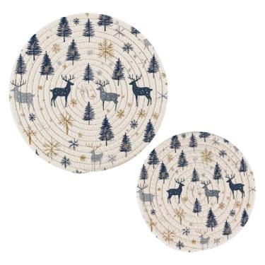Imagem de Blueangle 2 peças de suporte de panela de trivet de veado de Natal - conjunto de pegadores de panela de tecido redondo - almofadas quentes trançadas de algodão - porta-copos - tapetes de mesa para