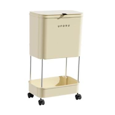 Imagem de Fenteer Lixeira com polia Lixeira com tampa Grande capacidade Estreita prateleira de armazenamento Lixeiras de reciclagem para cozinha Lixeira de triagem, Creme branco, 2 camadas