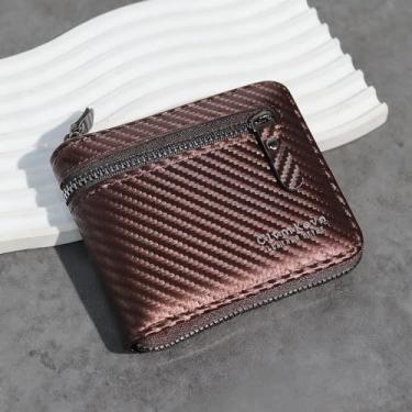 Imagem de Carteira masculina com zíper de fibra de carbono, mini dobrável, dobrável, vários compartimentos para identidade, bolso para moedas com zíper, Marrom, Moderno