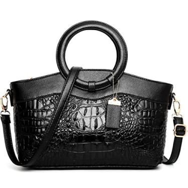 Imagem de XingChen Bolsa feminina com estampa de crocodilo com anel de couro com alça superior estilo bolsa de ombro moderna bolsa em relevo, Preto, One Size