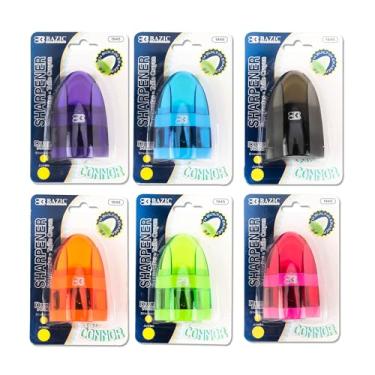 Imagem de BAZIC Products Apontador de lápis e borracha manuais, pacote com 6, apontador colorido com 2 furos de afiar com borracha, apontador de lápis portátil compacto com furo duplo, material de arte para