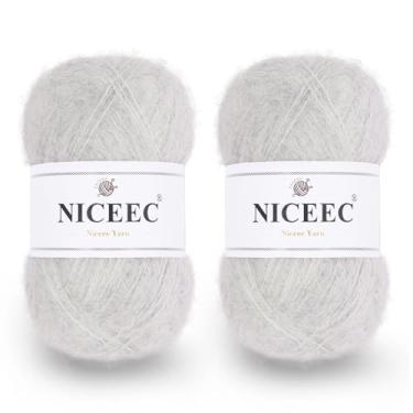 Imagem de NICEEC 2 novelos de fio de mohair de pelo longo, fofo e felpudo, luxuoso e fino, fio de mistura de lã para crochê e tricô, total de 79,9 g/788 m - cinza claro