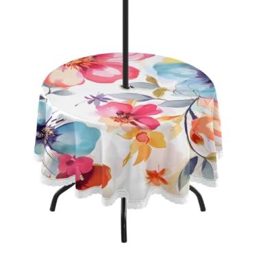Imagem de CEBUGI Toalha de mesa redonda para uso ao ar livre, colorida, floral, impermeável, com furo Umberlla, capa de mesa lavável para pátio, cozinha, sala de jantar, 152 cm