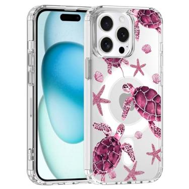 Imagem de JOYLAND Capa para iPhone 15 Pro Max, compatível com MagSafe, design de estrela do mar e tartaruga rosa, capa protetora antiamarelamento TPU macio à prova de choque com proteção contra quedas