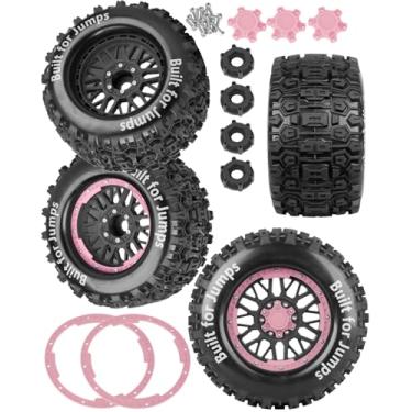 Imagem de RCarmubWow 1/8 1/10 17mm Hex RC Truck Tires,Wheels and Tires for 1/10 E-Revo T-Maxx Summit Kraton Outcast Monster Truck,Buggy Rubber Tyres and Rims w/Foam Insert for RC Off-Road Car,Black-Pink