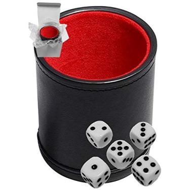 Imagem de Set of 16mm Poker/Pip Dice Rounded Corners and Black PU Leather Dice Cup Plush Velvet Lined - Gift Boxed (Pip (Dot) Dice White, Black/Red Cup)