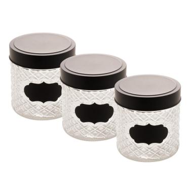 Imagem de Kit 3 Porta Mantimentos De Vidro Pote Com Tampa Preta Wolff 860ml