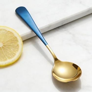 Imagem de Colher de sobremesa dourada de aço inoxidável de 15 cm com alça preta redonda colher de sorvete colher de sobremesa para cozinha doméstica restaurante azul