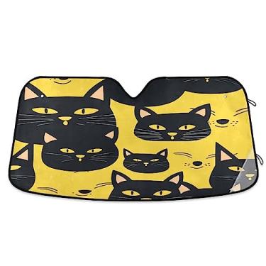 Imagem de Sombra de sol de desenho de gato preto em amarelo para janela de carro, cobertura de para-brisa, proteção UV, persiana dobrável para janela de carro, acessórios de carro
