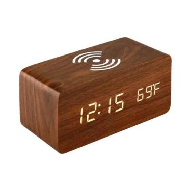 Imagem de Relógio Despertador Digital De Madeira Com LED, Temperatura, Umidade, 