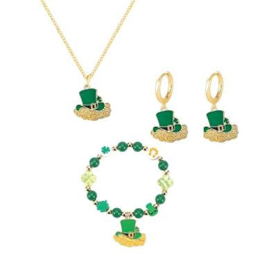Imagem de QLUYCKW Conjunto de brincos e colar de dia de São Patrício para mulheres, trevo verde, trevo, pingente, elegante, chapéu elegante, pulseira elástica com contas da sorte, dia de São Patrício