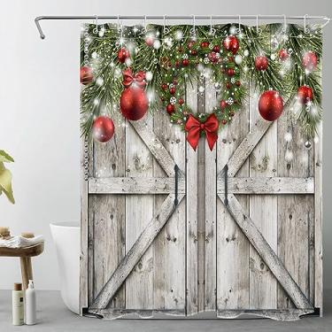 Imagem de Cortina de chuveiro de Natal vintage para banheiro, bola de Natal vermelha com guirlanda de galhos de abeto verde em tecido rústico para porta de celeiro com ganchos, conjunto de cortina de banheiro