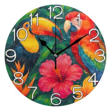 Imagem de GAIGEO Relógio de parede analógico decorativo operado por bateria relógio de cozinha rústico, retrô moderno art déco decoração de parede cena tropical vibrante tucano, 25 cm, ponteiros pretos