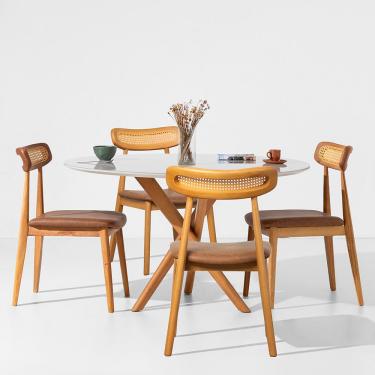 Imagem de Conjunto Mesa de Jantar Thai Redonda Vidro Off White - 1,20m + 4 Cadeiras Dalí Palha Larga PU - Cognac