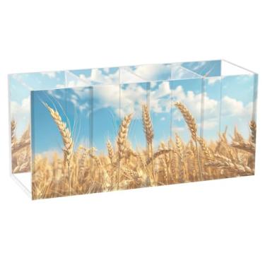 Imagem de TSENQUE Campo de trigo, cenário de céu azul, personalizado, fofo, porta-lápis, caneta, acrílico, caneta, porta-lápis, organizador de papelaria, decoração de escritório, organizador de mesa