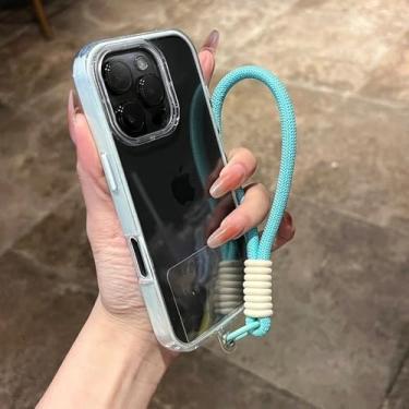 Imagem de Capa de celular com alça de pulso para iPhone 16E 14 15 16 Plus 11 12 13 16 Pro Max, capa magnética transparente à prova de choque, cor ciano, para iPhone 12 Pro Max