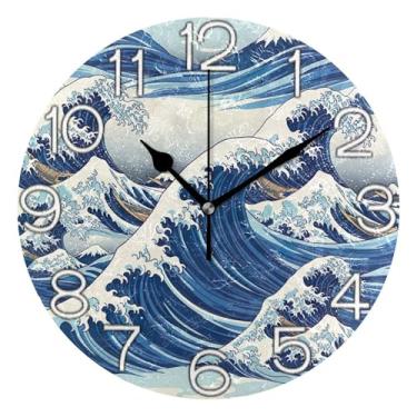 Imagem de GAIGEO Relógio de parede analógico decorativo relógio de cozinha bonito operado por bateria silencioso, decoração de parede de casa de fazenda moderna, ondas do oceano azul, 25 cm, ponteiros pretos