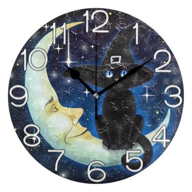 Imagem de GAIGEO Relógio de parede decorativo analógico redondo sem tique-taque silencioso relógio de cozinha rústico, arte de parede boho, decoração de casa, gato preto Halloween estrelado, 25 cm, ponteiros