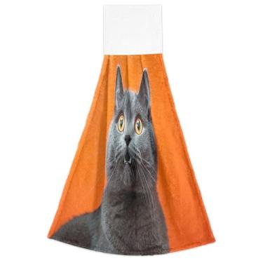 Imagem de Animal Grey British Cat Cute Fall Hanging Dish Toalhas de mão macias absorventes conjunto de 2, toalha de cozinha decorativa 18,2 x 14 polegadas