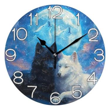 Imagem de GAIGEO Relógio de parede analógico decorativo relógio de cozinha bonito estético silencioso sem tique-taque, decoração de parede de sala de estar moderna desenho animado preto branco lobo, 25 cm