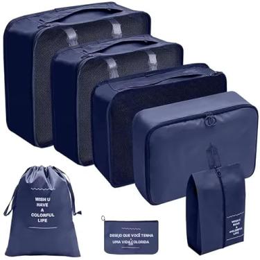 Imagem de Kit Organizador de Mala 7 peças Viagem com Tela Transparente Zíper Resistente Sacos Necessaire Dobrável Compacto Leve (Azul)