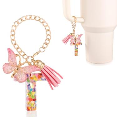 Imagem de Acessórios de copo com pingente de letra, decoração de copo de alfabeto fofo com alça de caneca, pingentes de decoração com borboleta, para Stanley Tumblers, presente feminino e feminino (T)