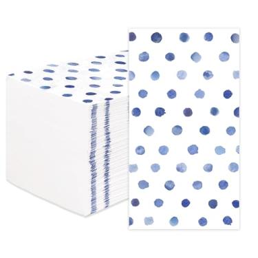 Imagem de 100 peças de guardanapos de papel de bolinhas azuis para coquetel de 3 camadas aquarela azul absorvente toalhas de mão absorventes boho guardanapos vintage para convidados para festa de casamento