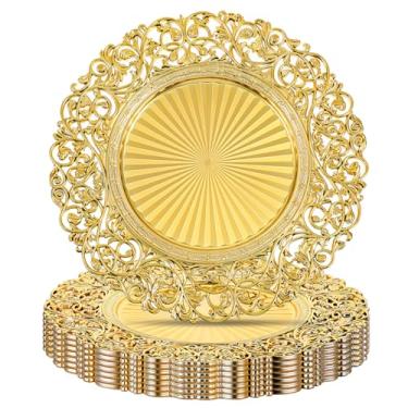 Imagem de MAQUITA 8 peças de pratos de carregador de ouro antigo, carregadores de jantar redondos de plástico de 33 cm, pratos decorativos de servir flores vazadas para jantar, casamento, configuração de mesa