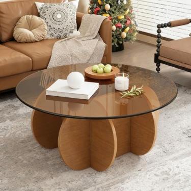 Imagem de Mesa de centro de vidro redonda moderna com base em forma de pétala, mesa central resistente e elegante para sala de estar, fácil montagem