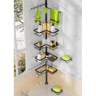 Imagem de DAOYA Poste de tensão para chuveiro, 4 suportes de chuveiro de canto ajustáveis com 2 barras de toalha e 2 suportes de sabonete, expande 63 a 39 cm, aço inoxidável preto para banheiro/banheira/canto