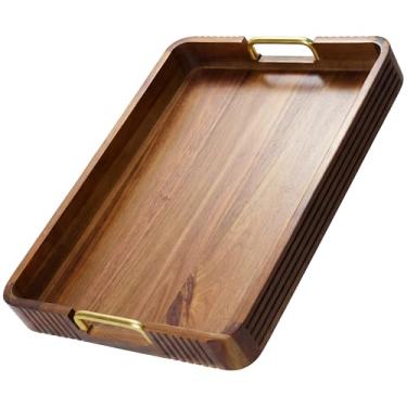 Imagem de Bandeja de servir de madeira de acácia com alças de metal – Bandeja decorativa rústica de 43 x 30 cm para café da manhã na cama, jantar, bar, cozinha, decoração de casa e entretenimento