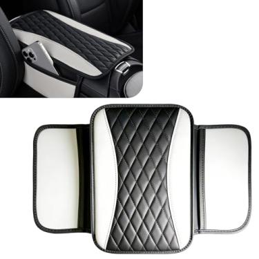 Imagem de SWQS Capa de console central de couro patchwork, capa de apoio de braço de carro atualizada com 2 sacos de armazenamento, capas universais de descanso de braço para carro, acessórios internos de
