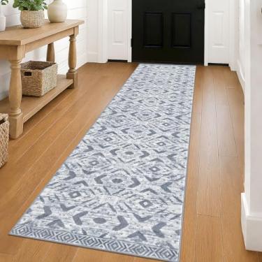 Imagem de KILOCOCO Tapete de corredor de corredor 60 x 20 cm tapete lavável marroquino tapete antiderrapante para entrada interior tapete longo para quarto cozinha sala de estar banheiro tapete boêmio geométrico, cinza