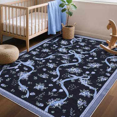 Imagem de GarveeHome Tapetes florais para quarto de meninas, 10 x 15 cm para sala de estar com pelo baixo macio, lindo tapete lavável para berçário, dormitório infantil, sala de jogos